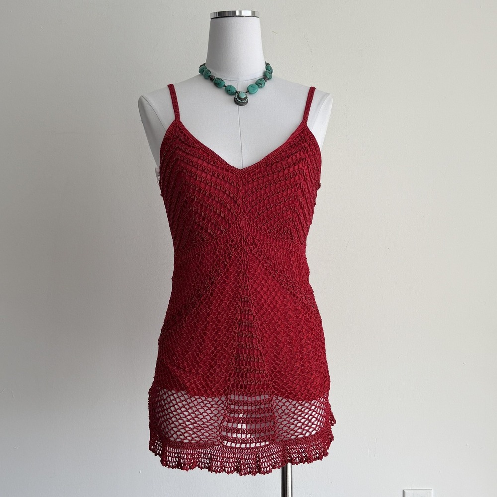 Y2K Rampage Cami Top Medium Red Crochet Lace Camisole Slip Fairy Boho Vampy Girl